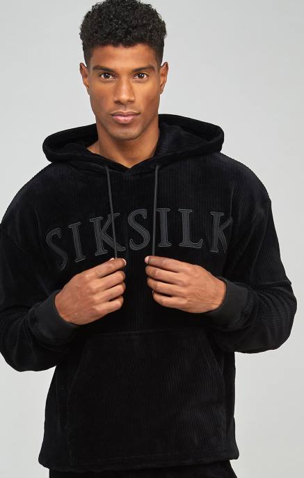 SikSilk musta vakosamettiapplikoitu logolla varustettu huppari miehet 6LR8414 vaatteet