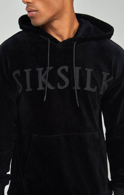 SikSilk musta vakosamettiapplikoitu logolla varustettu huppari miehet 6LR8414 vaatteet