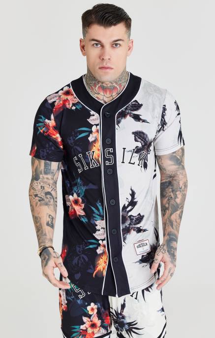 SikSilk musta & ecru printti baseball-paita miehet 6LR8398 vaatteet