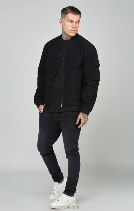 SikSilk musta toistologoinen denim bomber-takki miehet 6LR8491 vaatteet