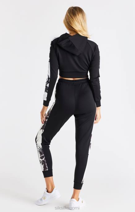 SikSilk musta kukkainen paneelihihainen crop-huppari naiset 6LR8114 vaatteet
