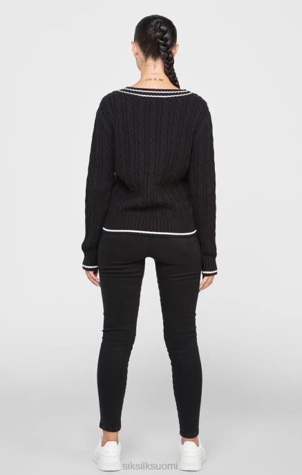 SikSilk musta yliopiston kaapelineulottu pusero naiset 6LR8105 vaatteet