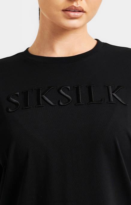 SikSilk musta brodeerattu poikaystävä t-paita naiset 6LR852 vaatteet