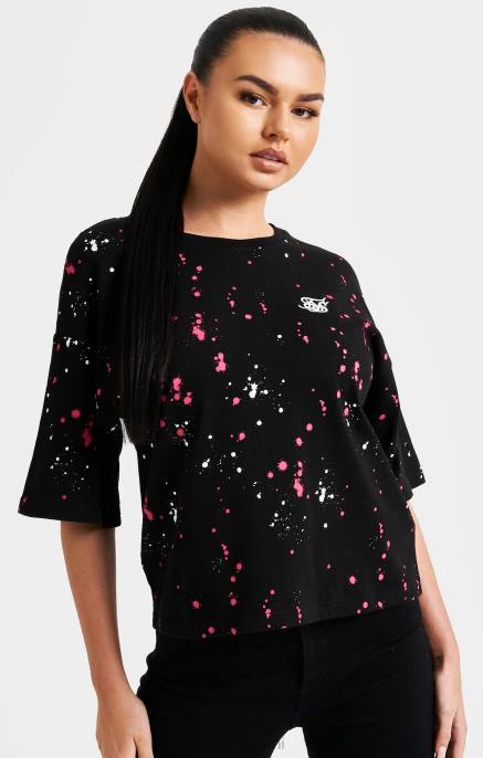 SikSilk musta maaliroiske crop t-paita naiset 6LR867 vaatteet